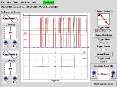 Oscilloscope output from an LM567 chip.